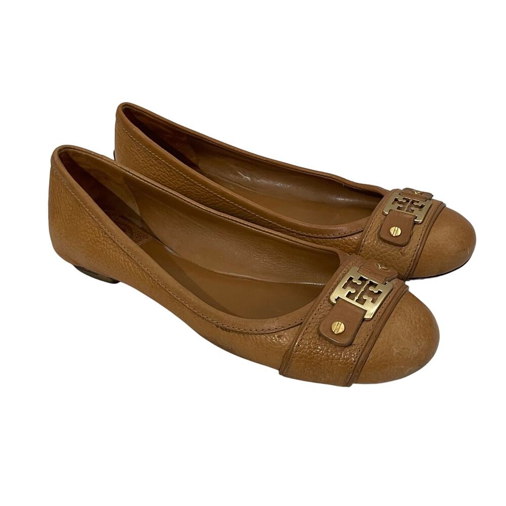 Tory Burch Cline Ballet Flat Royal Tan Tumbled Leather Women’s Sz 9